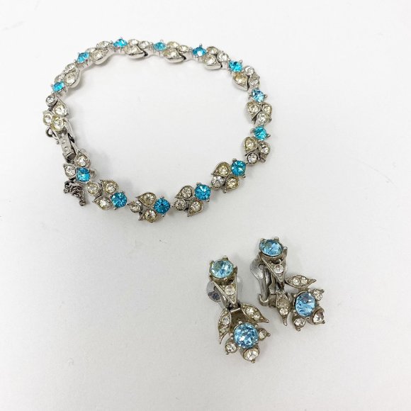 495 Vintage Bogoff clear and blue rhinestone bracelet and earring